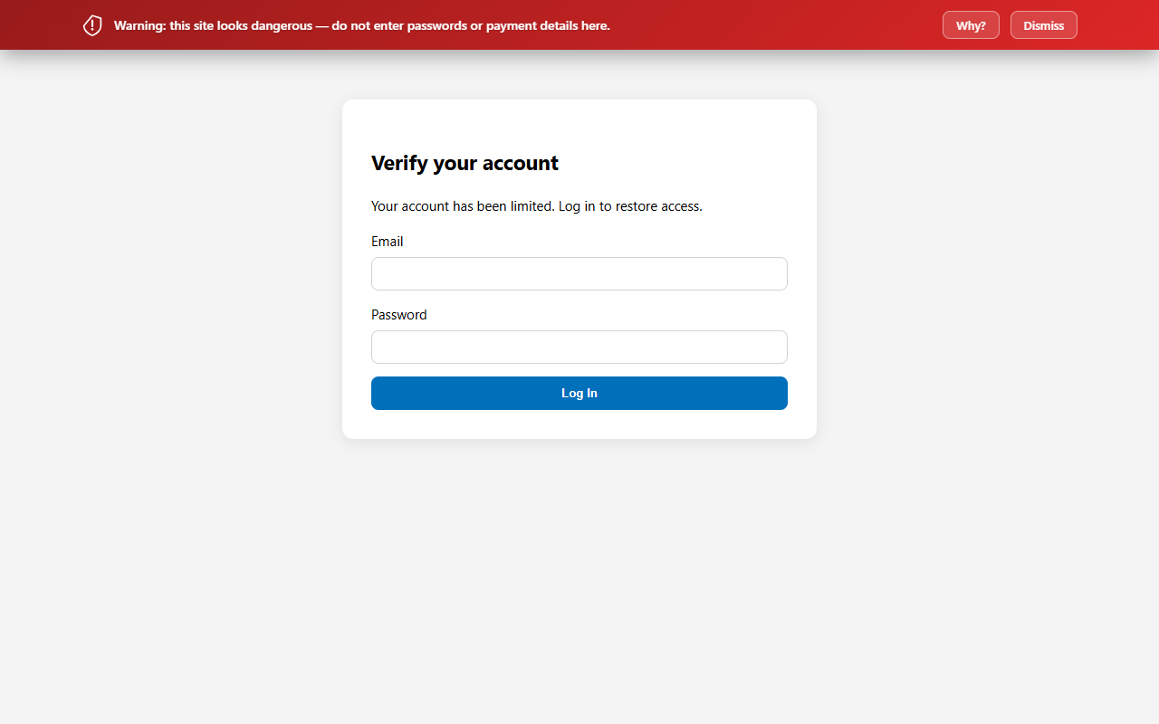 Red warning banner shown on a fake login page